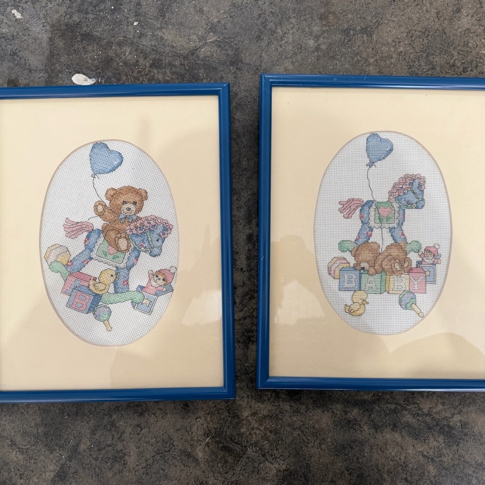 Set of 2 Framed Baby Nursery Cross-Stitch Prints in Blue Frames